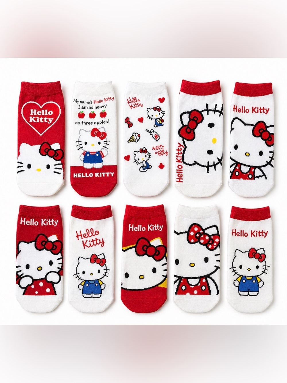 Hello Kitty Low Cut Ankle Socks 10 Pair Bundle Red & White | New